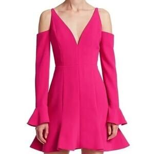 N/NICHOLAS Crepe Flare Mini Dress Hot Pink V Neck Long Sleeve Size 4 NWT